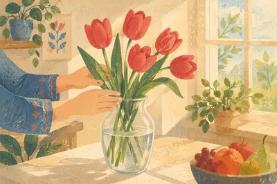 Hands Arranging Red Tulips in Vase