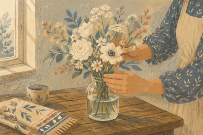 Hands Arranging Seasonal Flowers in Vase
