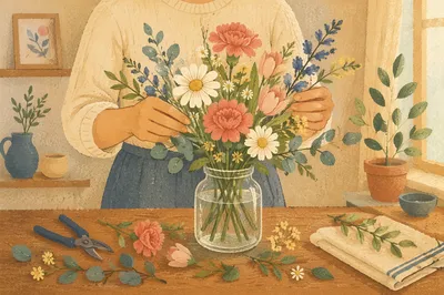 Hands Arranging Flowers in Glass Vase