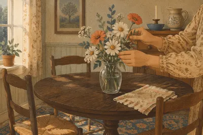 Hands Arranging Garden Flowers in Vintage Dining Room