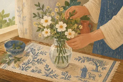 Hands Arranging Flowers on Folk Textile Table