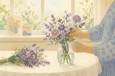 Hands Arranging Lavender Flowers by Sunlit Window