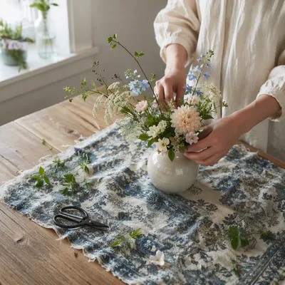 Hands Arranging Flowers in Ceramic Vase