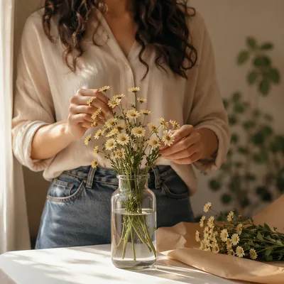 Hands Arranging Daisies in Glass Vase