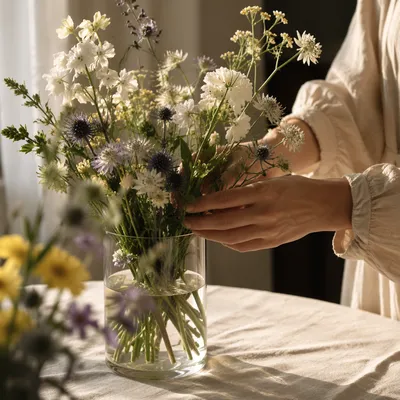 Hands Arranging Wildflowers in Glass Vase