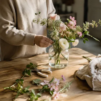 Hands Arranging Garden Flowers in Vase