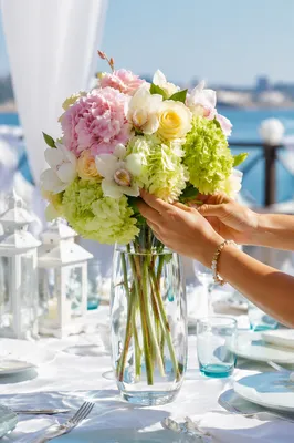 Hands Arranging Pastel Flowers on Terrace