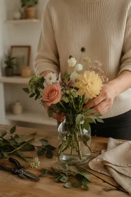 Hands Arranging Fresh Flowers in Glass Vase
