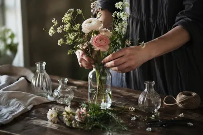 Hands Arranging Garden Flowers in Glass Vase