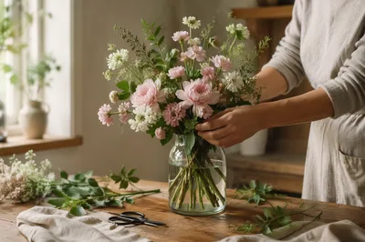 Hands Arranging Flowers in Cozy Kitchen
