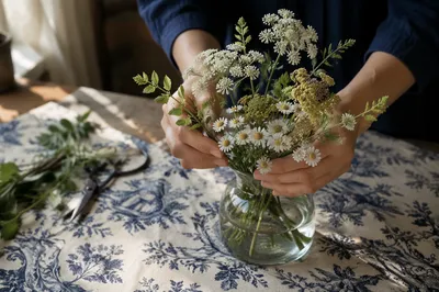 Hands Arranging Wildflowers in Glass Vase