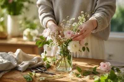 Hands Arranging Garden Flowers in Morning Light