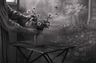 Hands Arranging Wildflowers in Ceramic Vase