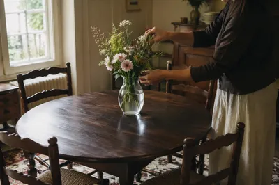 Hands Arranging Flowers in Cozy Dining Room