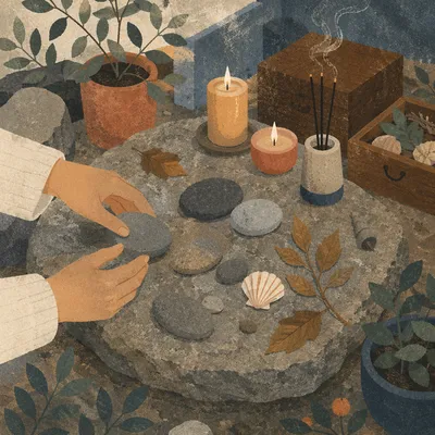Hands Arranging Stones on Garden Prayer Altar