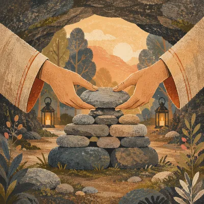 Hands Building a Woodland Stone Altar