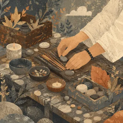 Hands Arranging Stones on Rustic Outdoor Altar