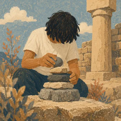 Hands Building a Stone Altar Outdoors