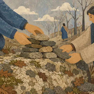 Hands Building a Rustic Stone Altar Outdoors