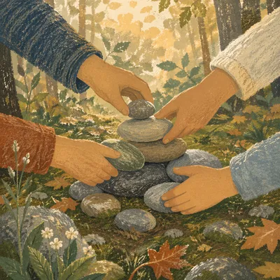 Hands Building Stone Altar in Forest