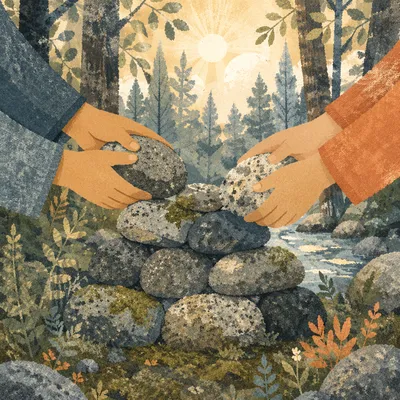 Hands Building Stone Altar by Stream