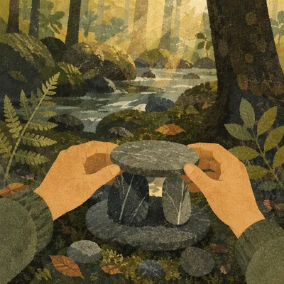 Hands Building Rustic Stone Altar Outdoors