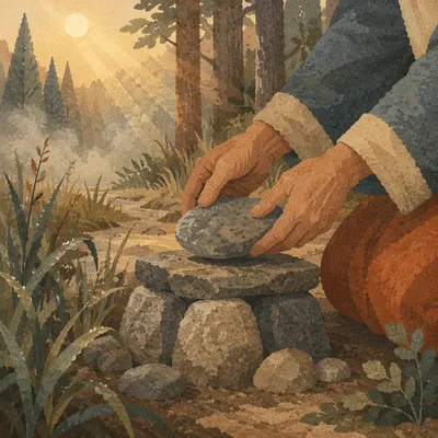 Weathered Hands Building a Forest Stone Altar