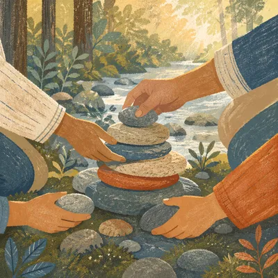 Hands Building a Woodland Stone Altar