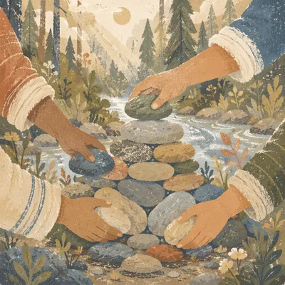 Hands Building a Woodland Stone Altar