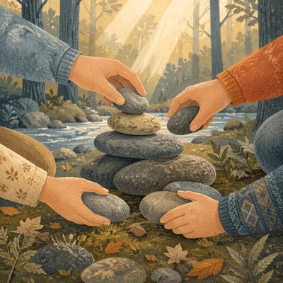 Hands Building a Woodland Stone Altar