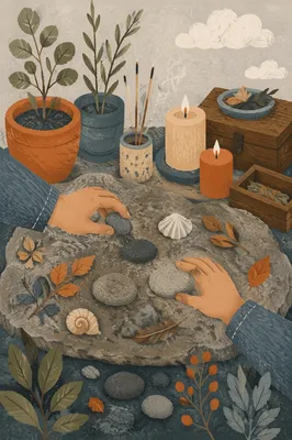 Hands Arranging Stones on Garden Altar