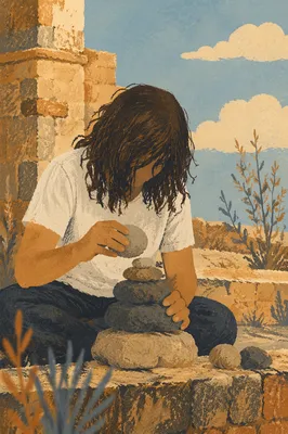 Hands Building a Stone Altar Outdoors