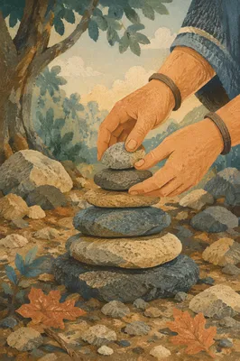 Hands Building a Stone Altar Outdoors