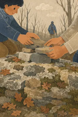 Hands Building Rustic Stone Altar Outdoors