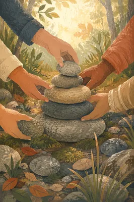 Hands Building Stone Altar in Forest