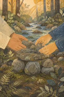Hands Building Stone Altar in Forest
