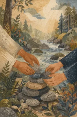 Hands Building a Woodland Stone Altar