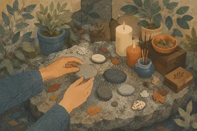 Hands Arranging Stones on Garden Prayer Altar