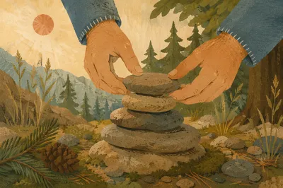 Hands Building a Stone Altar Outdoors