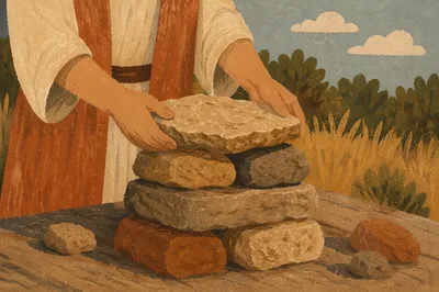 Hands Building a Stone Altar Outdoors