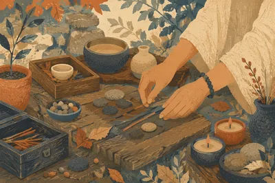 Hands Arranging Stones on Outdoor Altar