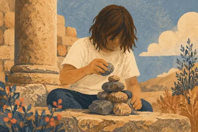 Hands Building a Stone Altar Outdoors