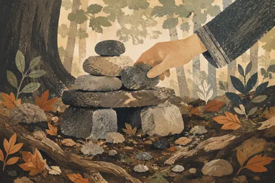Hands Building Stone Altar in Forest