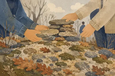 Hands Building Rustic Stone Altar Outdoors