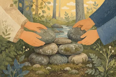 Hands Building Stone Altar in Forest