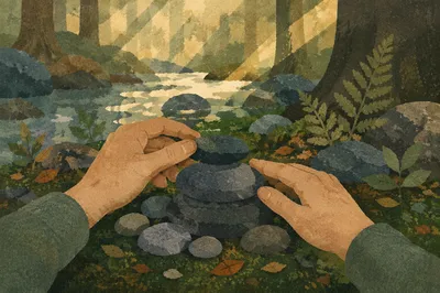 Hands Building Rustic Stone Altar Outdoors