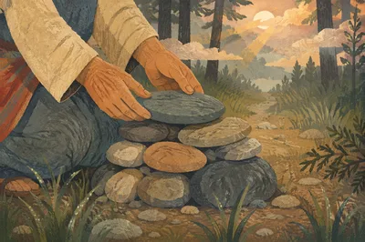 Hands Building a Humble Forest Stone Altar