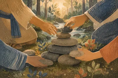 Hands Building a Woodland Stone Altar