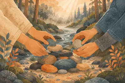 Hands Building a Woodland Stone Altar