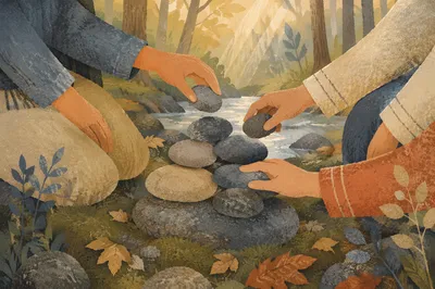 Hands Building a Woodland Stone Altar